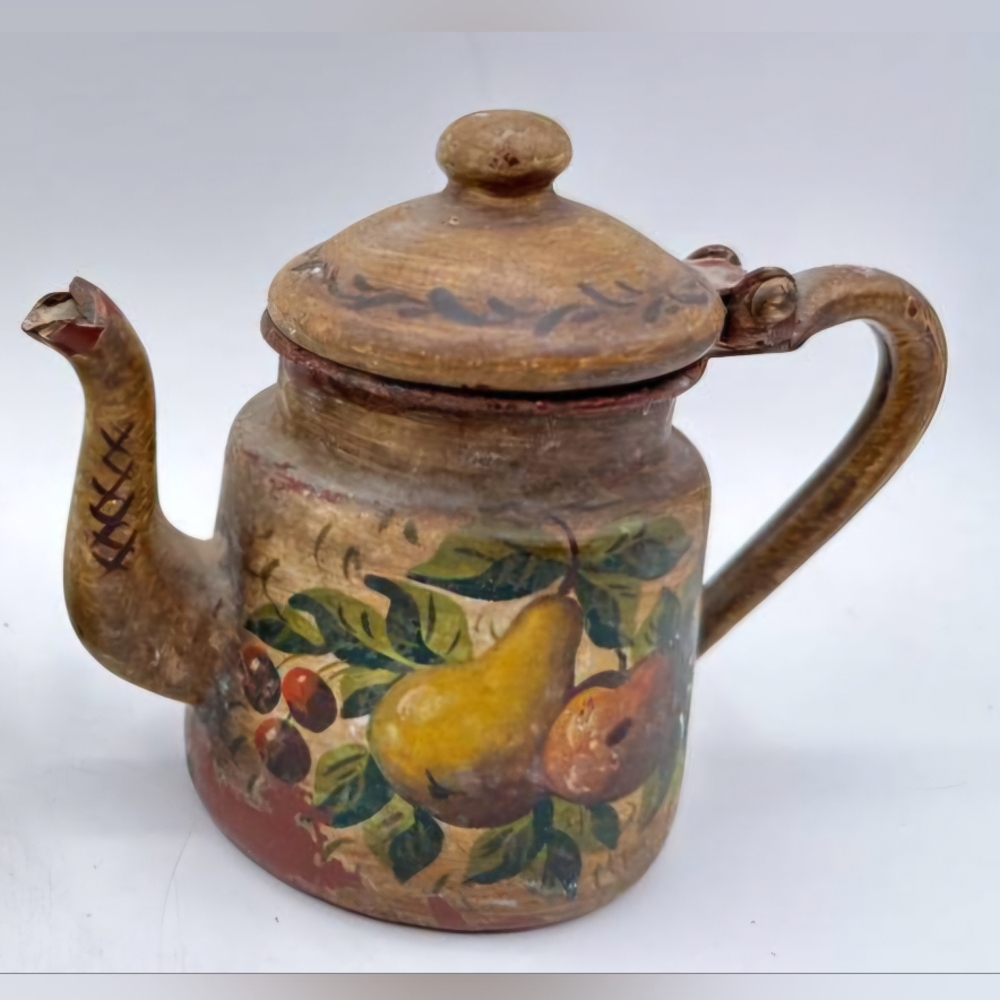 Original Vintage 19th Century Hand Painted Tin TOLEWARE TEAPOT "House Blessings"